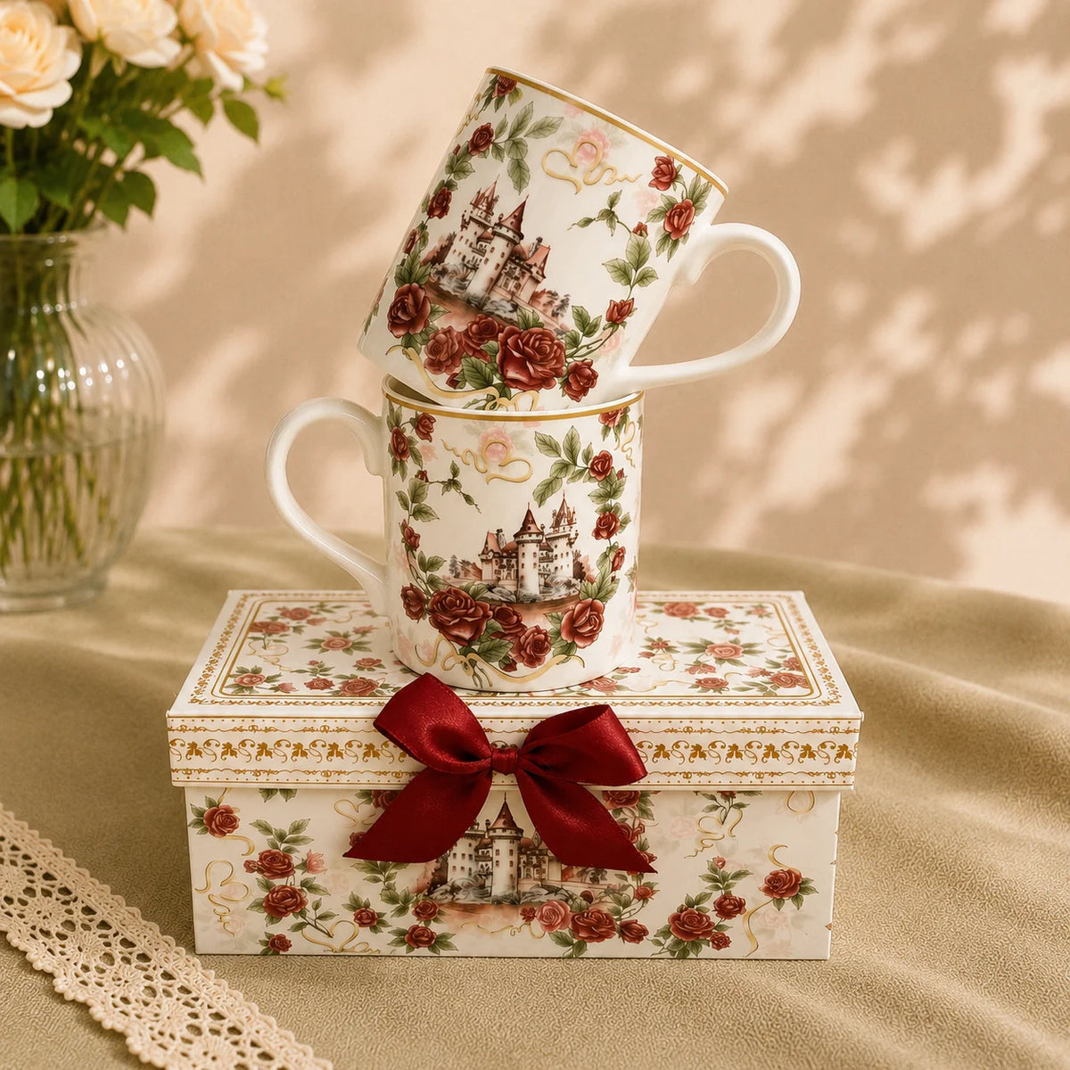 Cute Castle Rose Design Two Ceramic Coffee Mug Sets Christmas Gifts Cup with Handle for Home Use