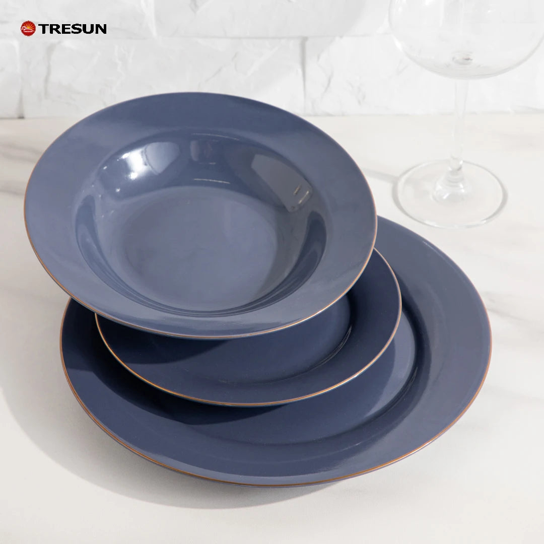 Wholesale TRESUN Classic Gold Rim Blue Glazed Porcelain Dinnerware Set 12-Piece Wedding Microwave & Dishwasher Safe Cheap Price