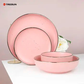 Top Grade 16pcs Ceramic Dinner Sets Solid Color Tableware Sets Royal Stoneware Dinner Sets with Gold Rim