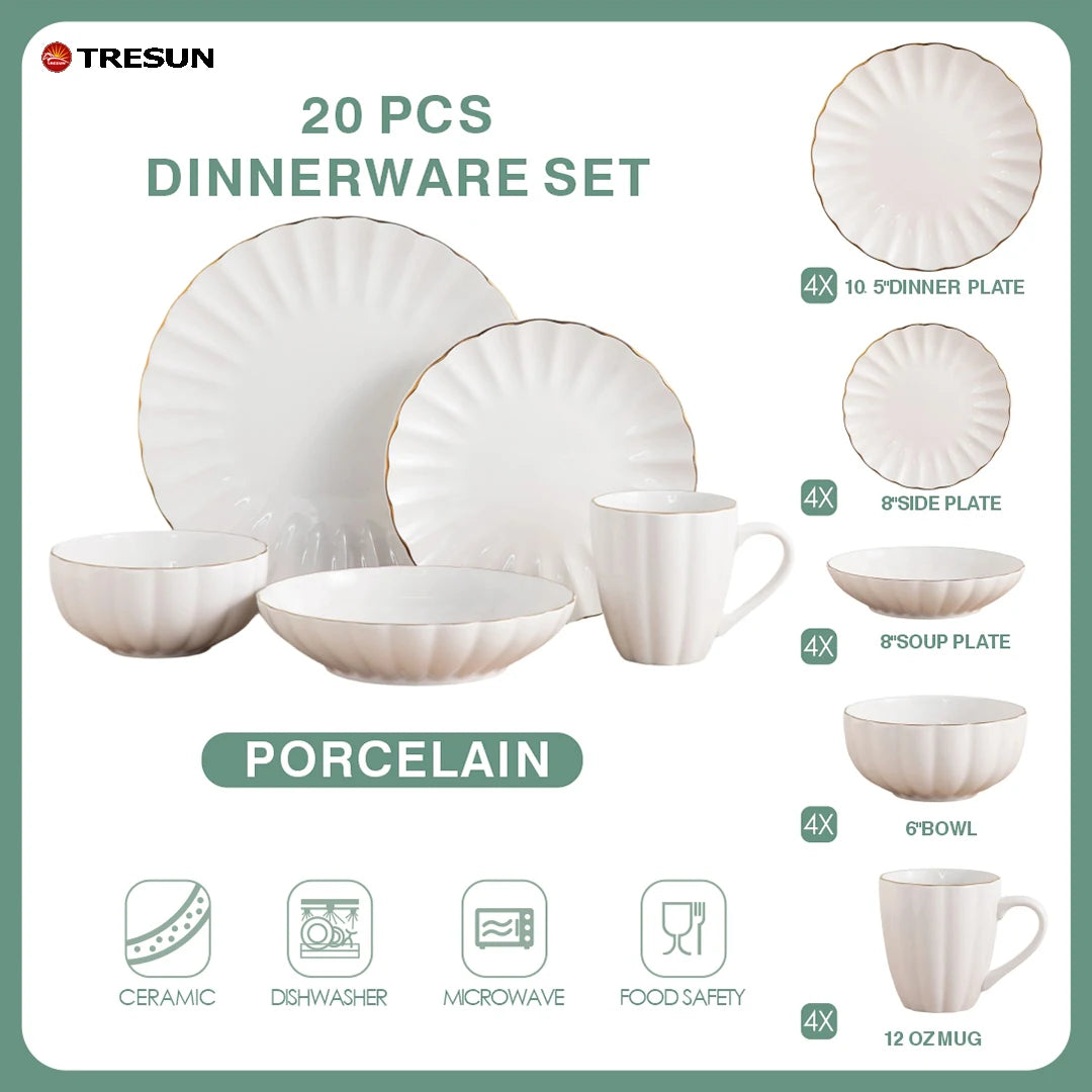 TRESUN Chinaware Golden Rim Trim Luxury 20-piece Classic Hotel Restaurant Sample Free Embossed Porcelain Dinnerware Set