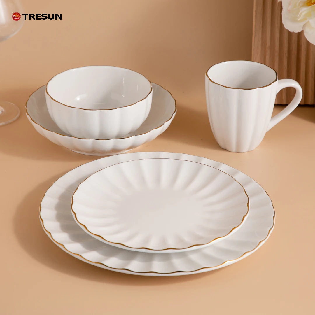TRESUN Chinaware Golden Rim Trim Luxury 20-piece Classic Hotel Restaurant Sample Free Embossed Porcelain Dinnerware Set
