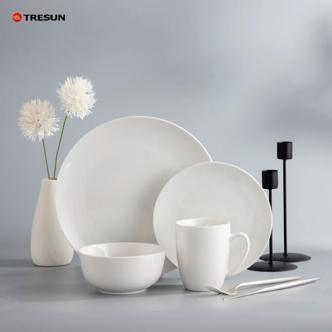 Modern 16-Piece White Porcelain Dinnerware Set Microwavable & Dishwasher Safe Includes Bowls Cups Customizable Enamel Design