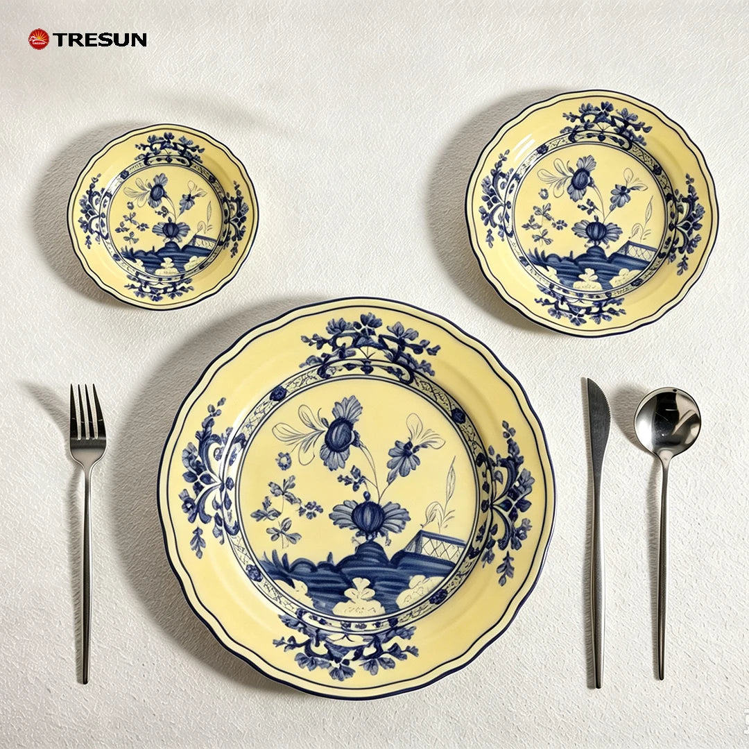 Pink Flower Wedding Dinnerware Set Wholesale Ceramic Charger Plate Collection Rental Porcelain Gold Rim Plate Dish
