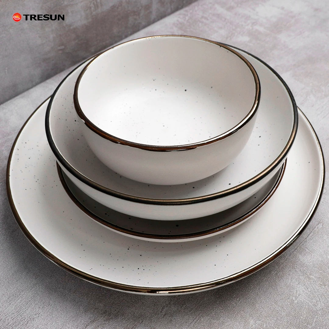 Top Grade 16pcs Ceramic Dinner Sets Solid Color Tableware Sets Royal Stoneware Dinner Sets with Gold Rim