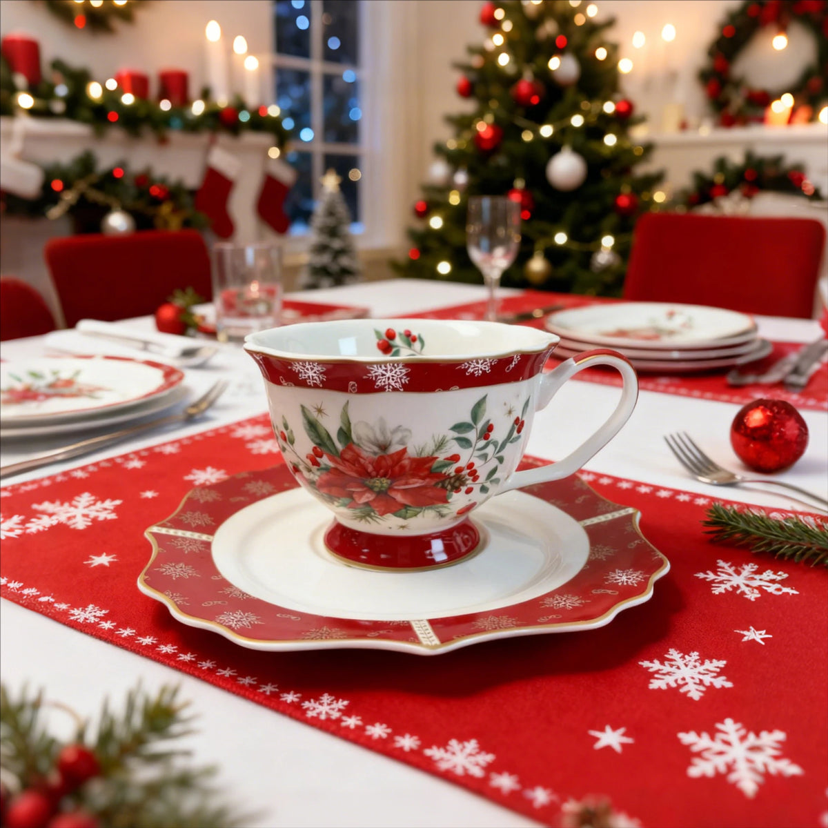 Elegant Christmas Scalloped Edge Porcelain Set with Red Snowflake Design Tea Coffee Cup & Saucer -  (Holiday Hosting Essential)