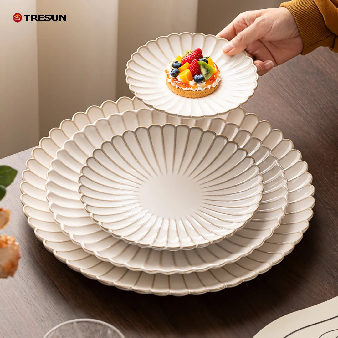 Nordic Style Ceramic Shallow Plate Shape Microwave Safe Dishwasher Safe Durable Household Western Food Steak Plate for Hotels