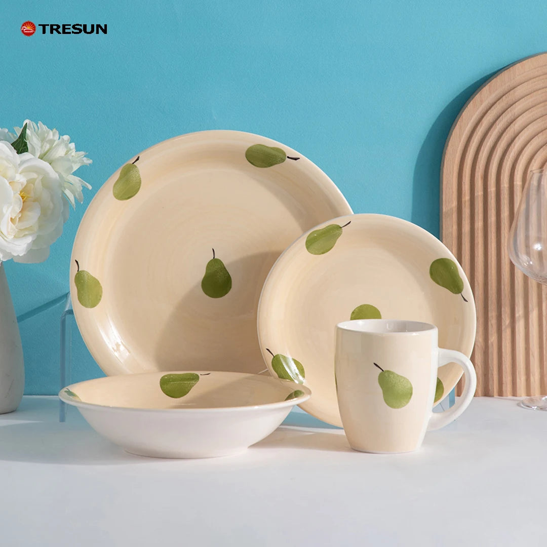 TRESUN luxury hotel restaurant home 16 pieces stonewae handpainted pear fruit design porcelain dinnerware set
