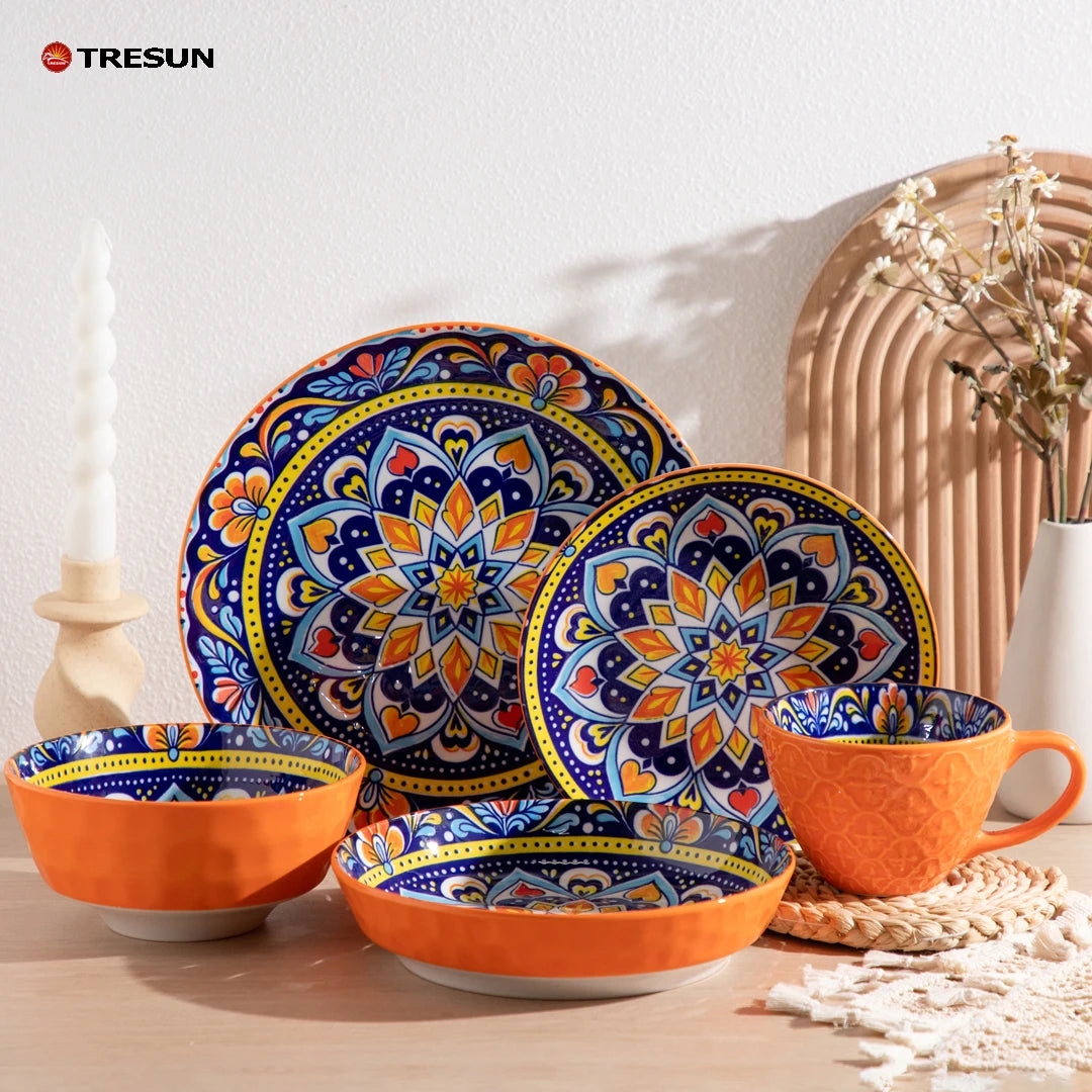TRESUN Bohemian Ceramic Dinnerware Set Orange Color Porcelain Tableware Set for Restaurant & Home