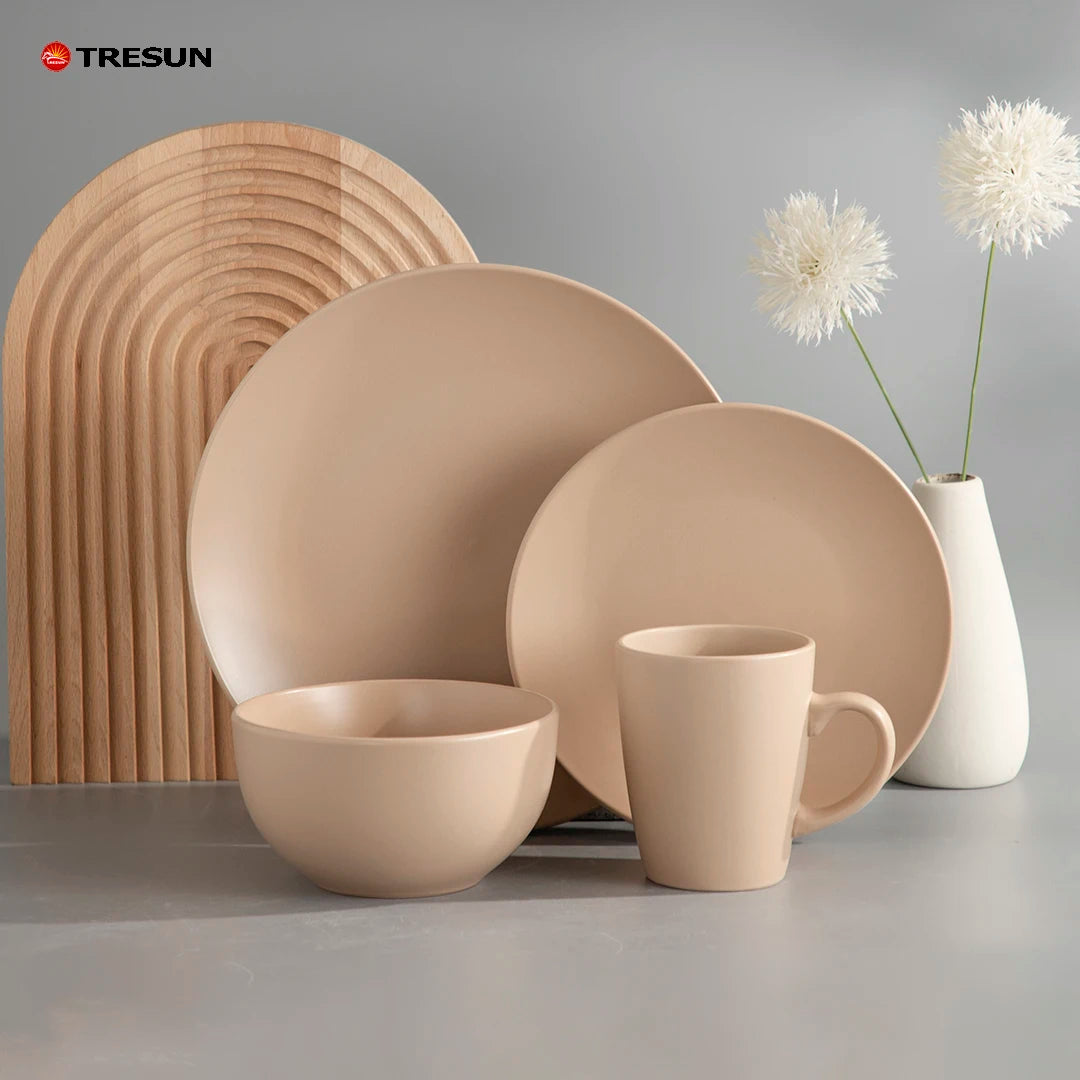 TRESUN 16-Piece Stoneware Classic Wedding Dinnerware Set Dishwasher & Microwave Safe Matte Beige Plates and Mug