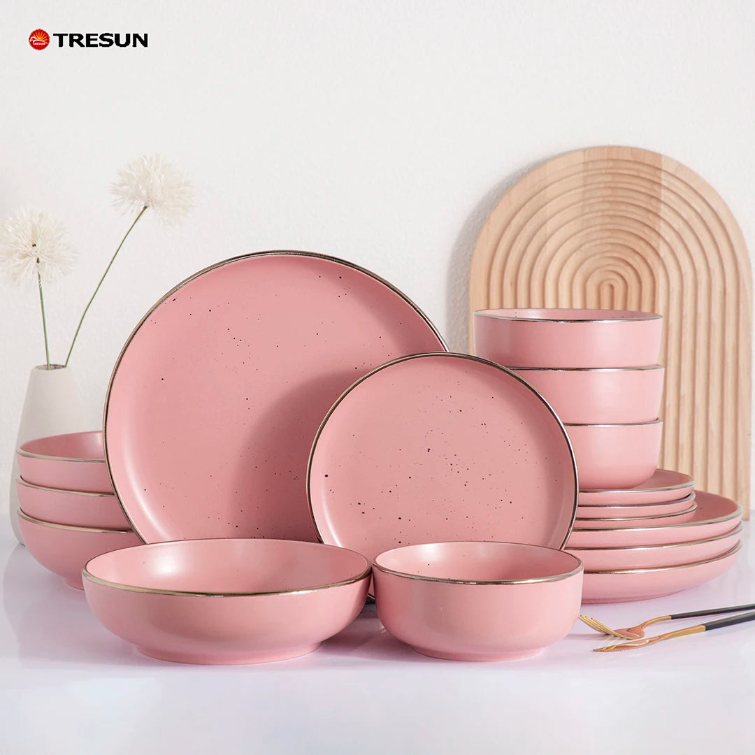 Top Grade 16pcs Ceramic Dinner Sets Solid Color Tableware Sets Royal Stoneware Dinner Sets with Gold Rim