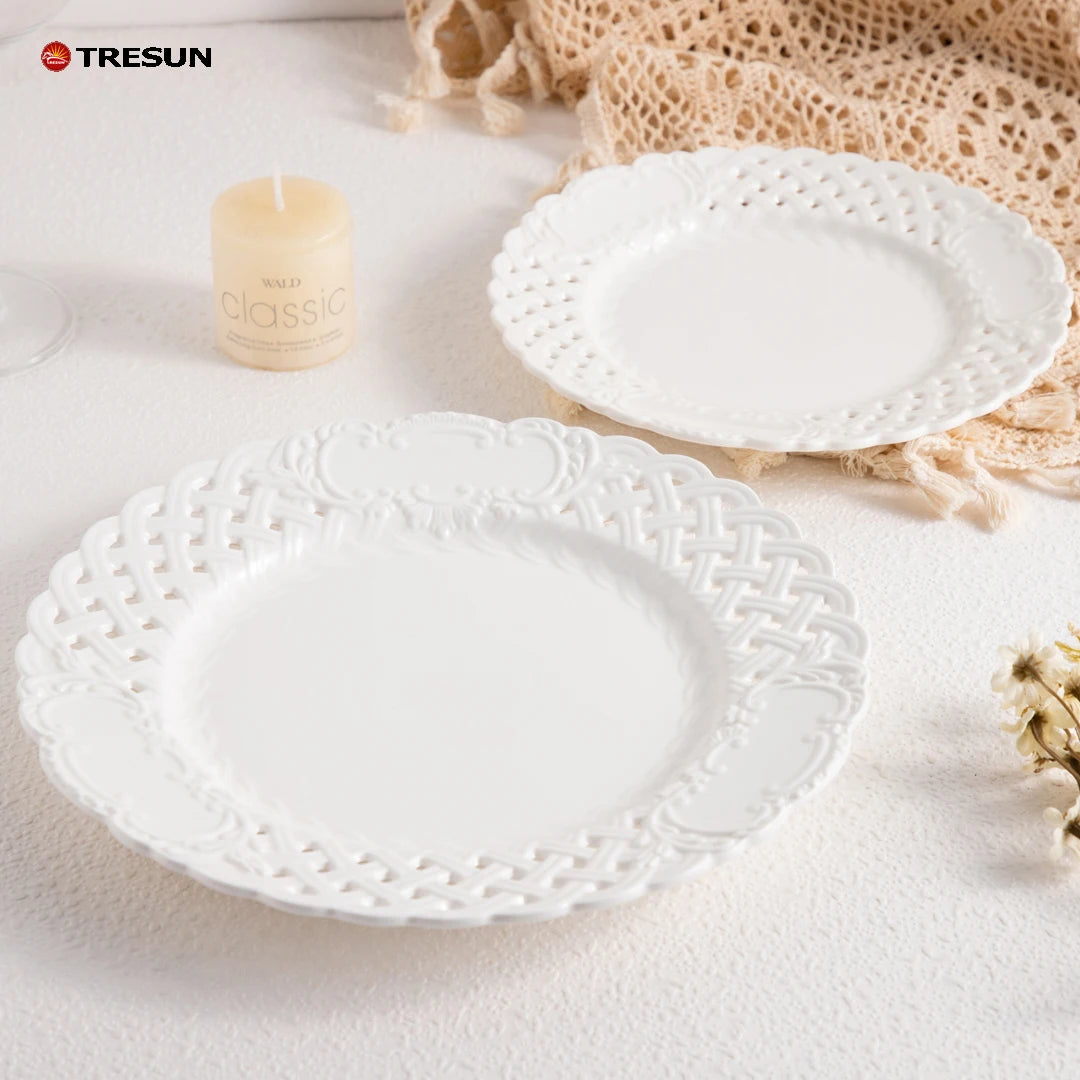 French Retro White Porcelain Hollow Lace Plates Embossed Ceramic Dessert Salad Plates for Home Afternoon Tea Decor
