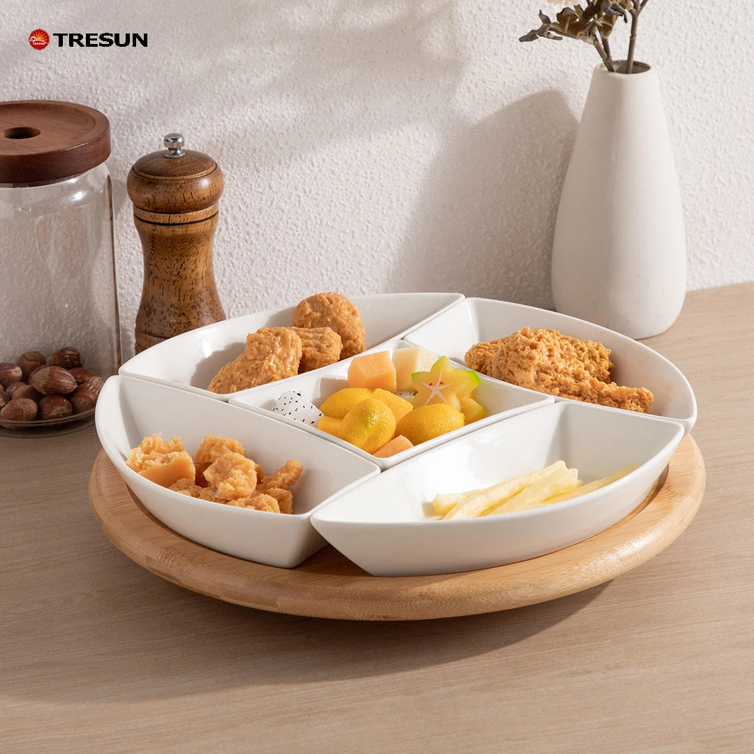 Fine Quality Restaurant Buffet Nordic Ceramic Serveware Food Tray Tapas Serving Dishes Porcelain with Bamboo Tray