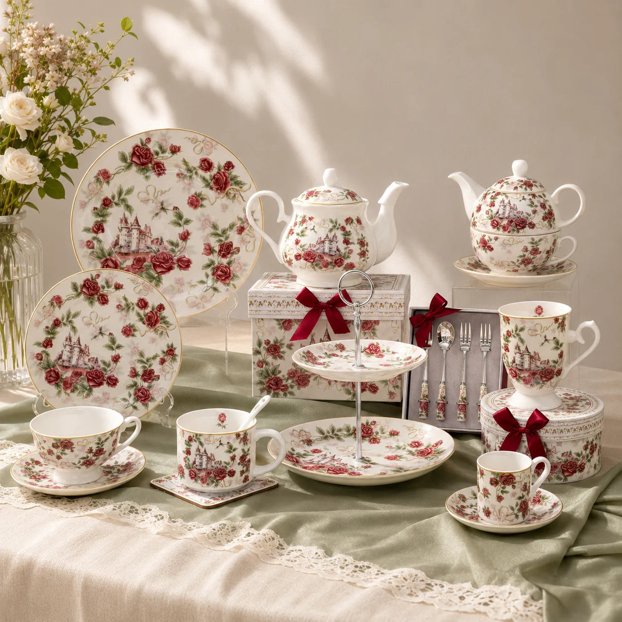 Cute Castle Rose Design Two Ceramic Coffee Mug Sets Christmas Gifts Cup with Handle for Home Use