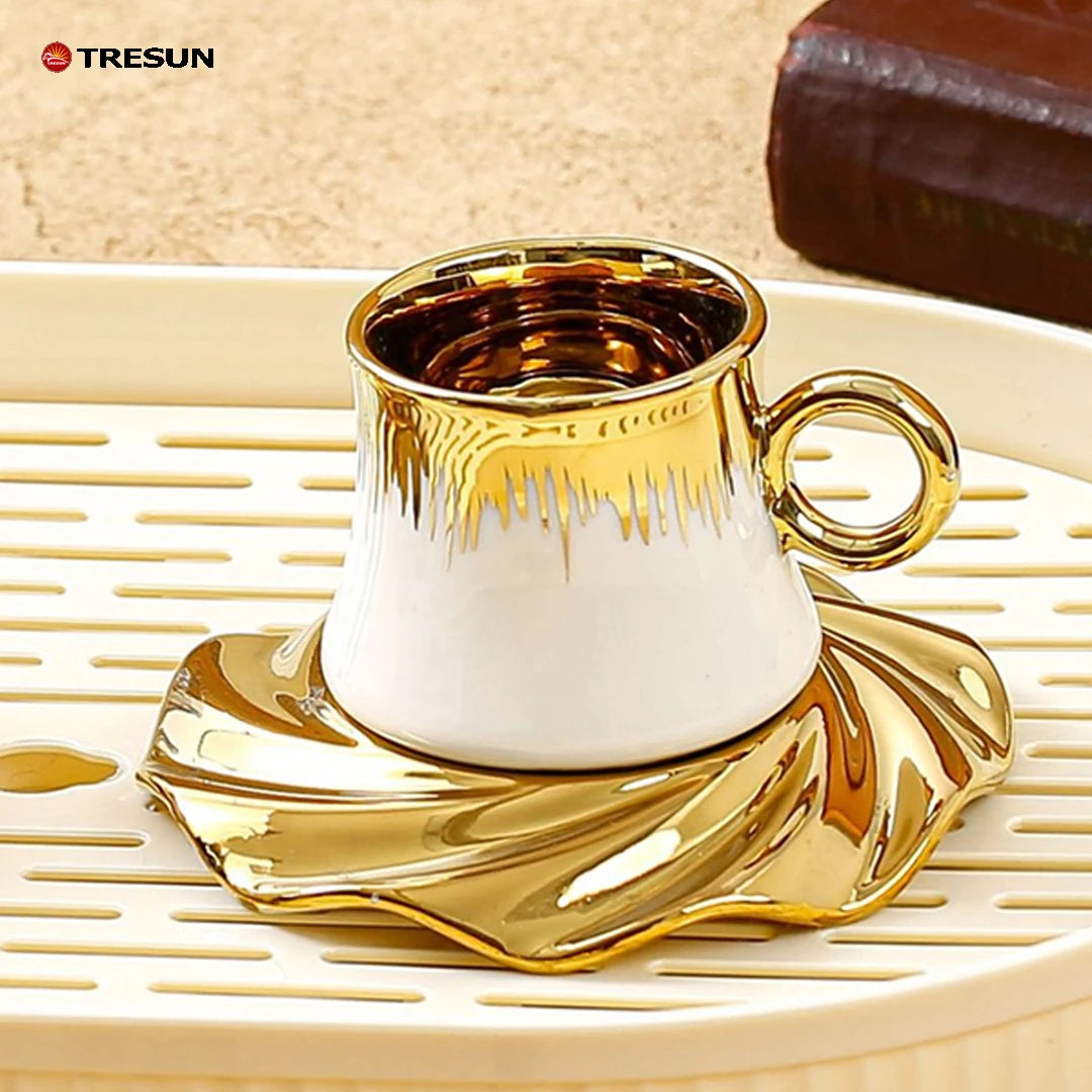 Luxury Gold Plated 250ml Porcelain Coffee Cup with Saucer Small Tea Mug Set of 6 Microwave Safe Dishwasher Safe Eco-Friendly
