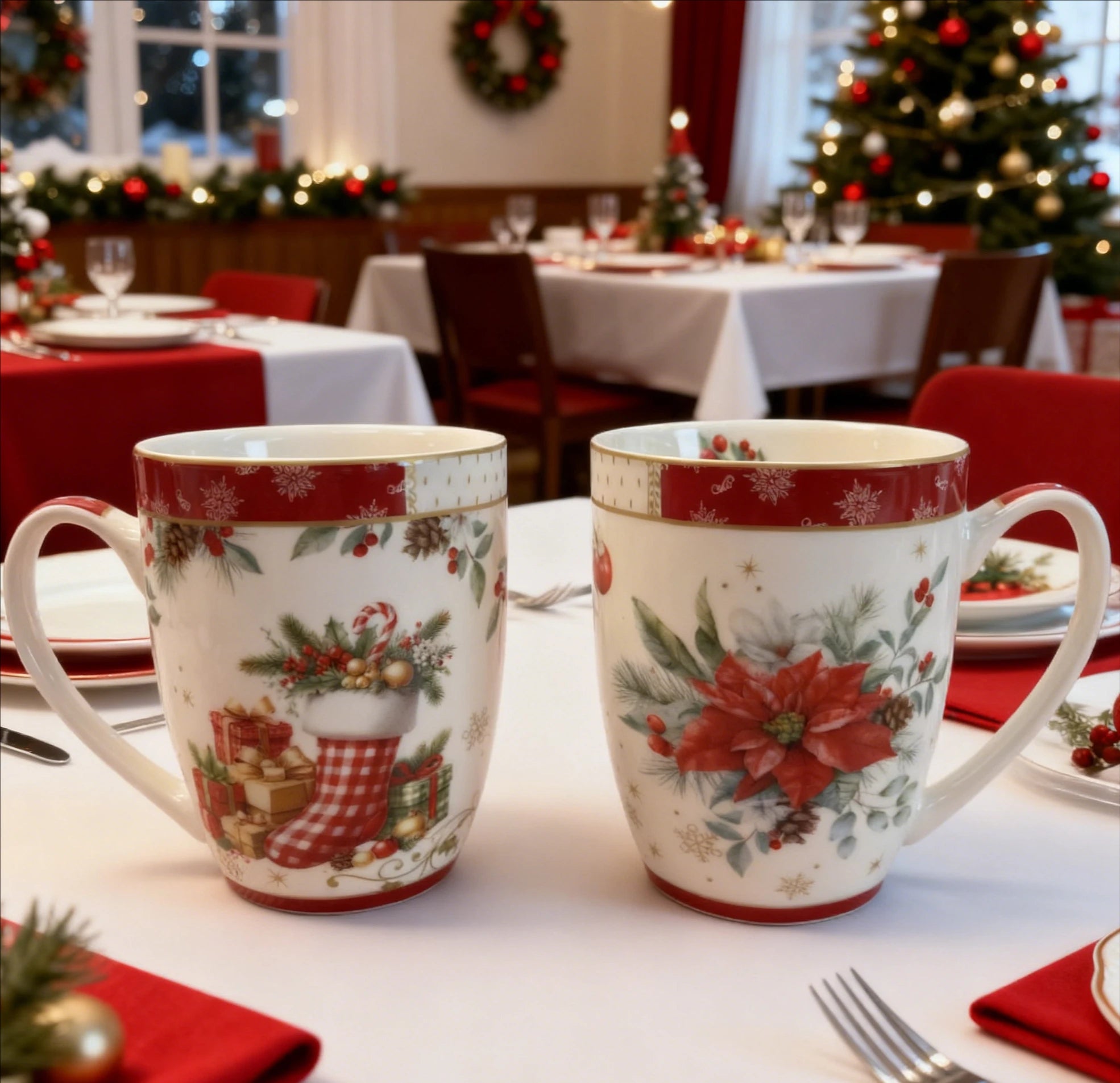 Elegant Christmas Scalloped Edge Porcelain Set with Red Snowflake Design Tea Coffee Cup & Saucer -  (Holiday Hosting Essential)