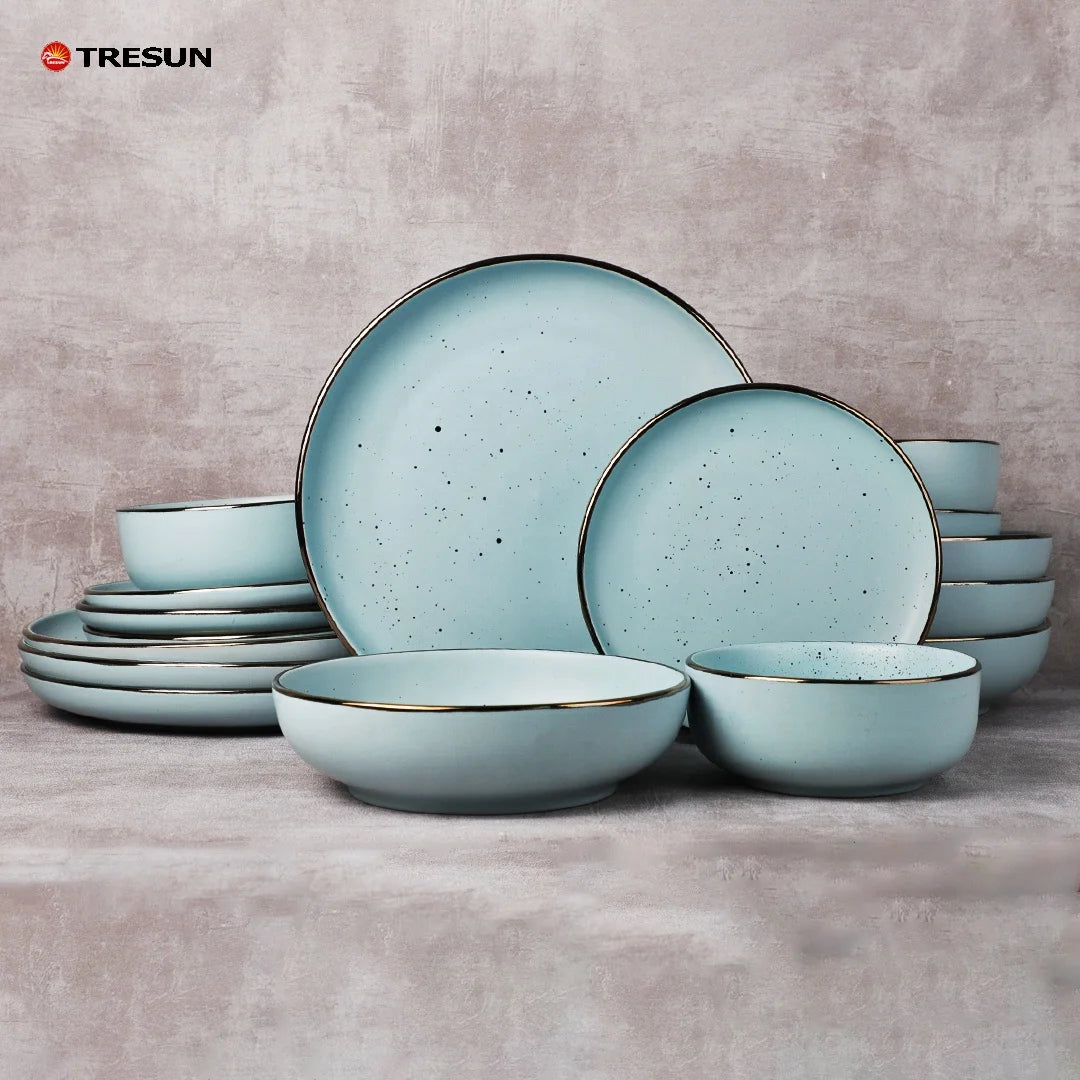 Top Grade 16pcs Ceramic Dinner Sets Solid Color Tableware Sets Royal Stoneware Dinner Sets with Gold Rim