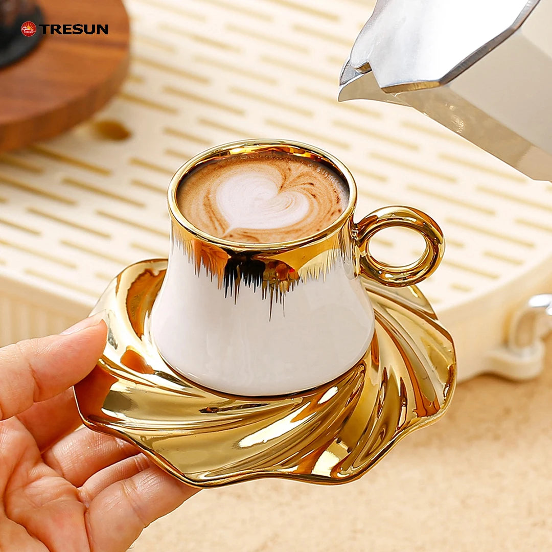 Luxury Gold Plated 250ml Porcelain Coffee Cup with Saucer Small Tea Mug Set of 6 Microwave Safe Dishwasher Safe Eco-Friendly