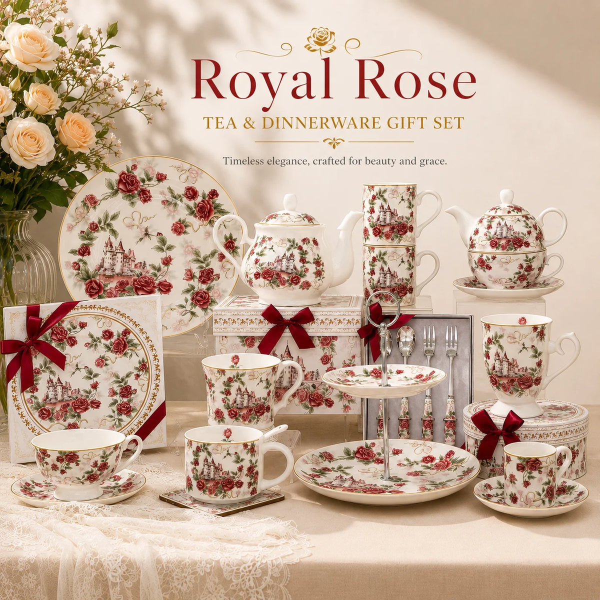 Cute Castle Rose Design Two Ceramic Coffee Mug Sets Christmas Gifts Cup with Handle for Home Use