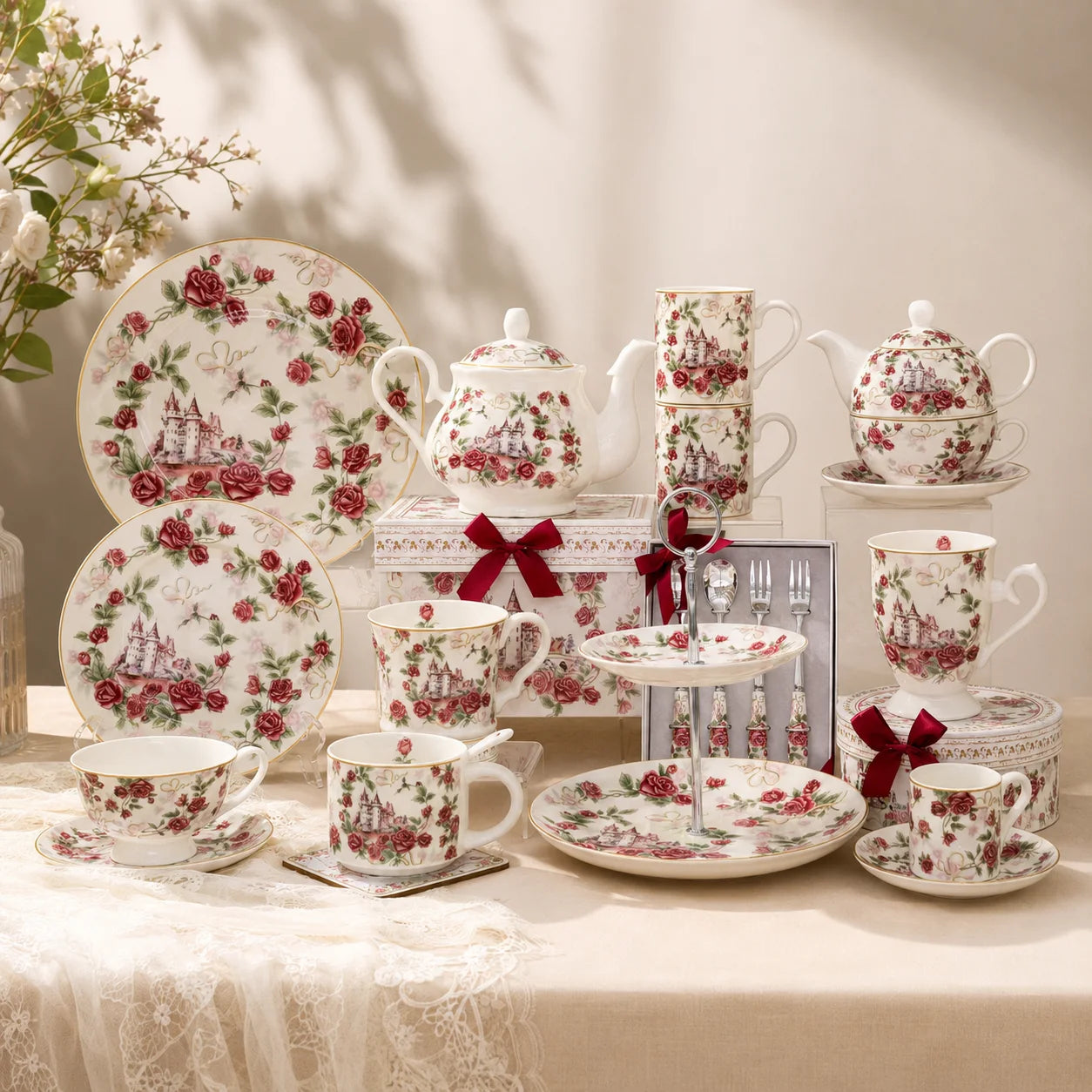 Cute Castle Rose Design Two Ceramic Coffee Mug Sets Christmas Gifts Cup with Handle for Home Use