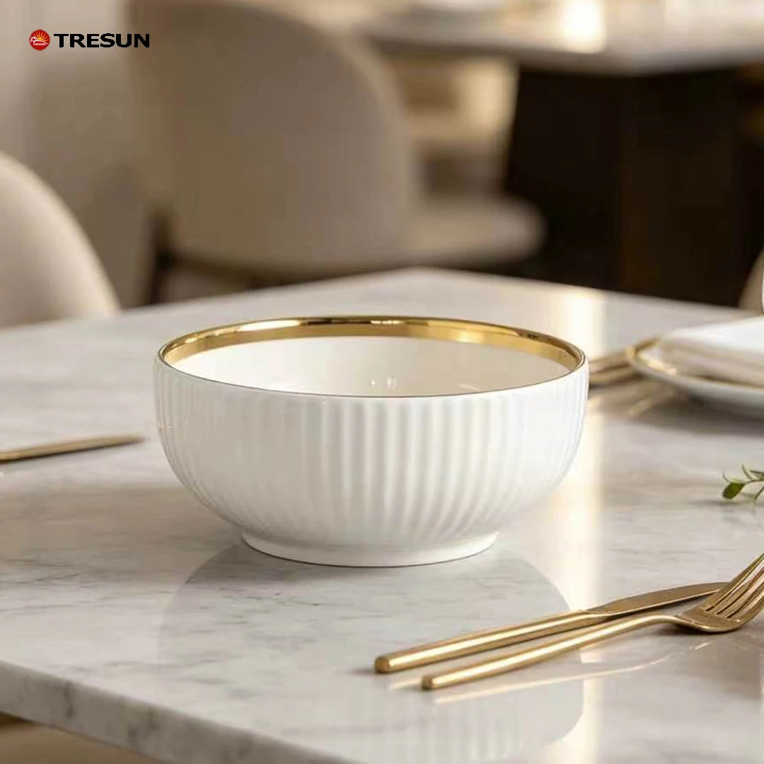 Wholesale Price Luxury White Golden Home Kitchen Food Restaurant Serving Rice Cereal Porcelain Ceramic Bowl