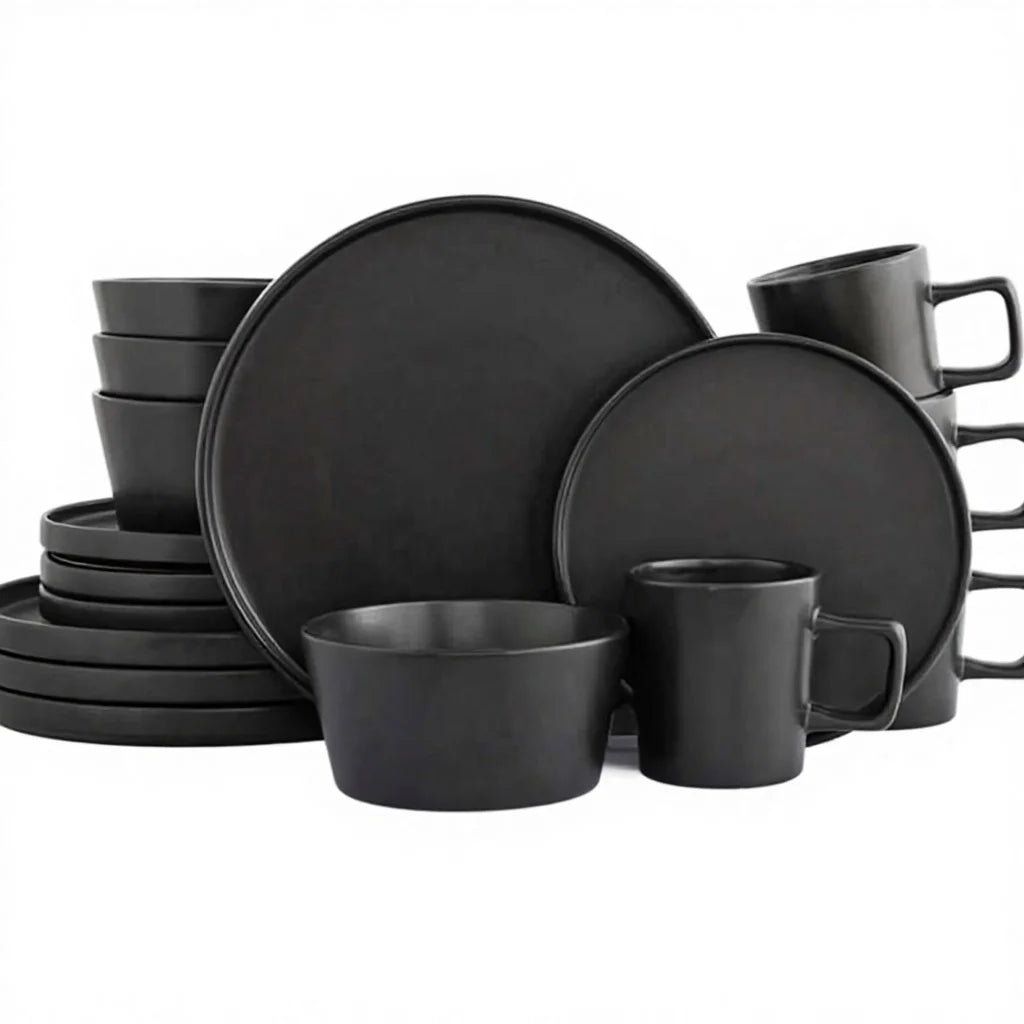Wholesale Factory Hotel Dining Luxury Ceramic Matte Black White 16 Pcs Tableware Plate Dinnerware Set Cup Kit