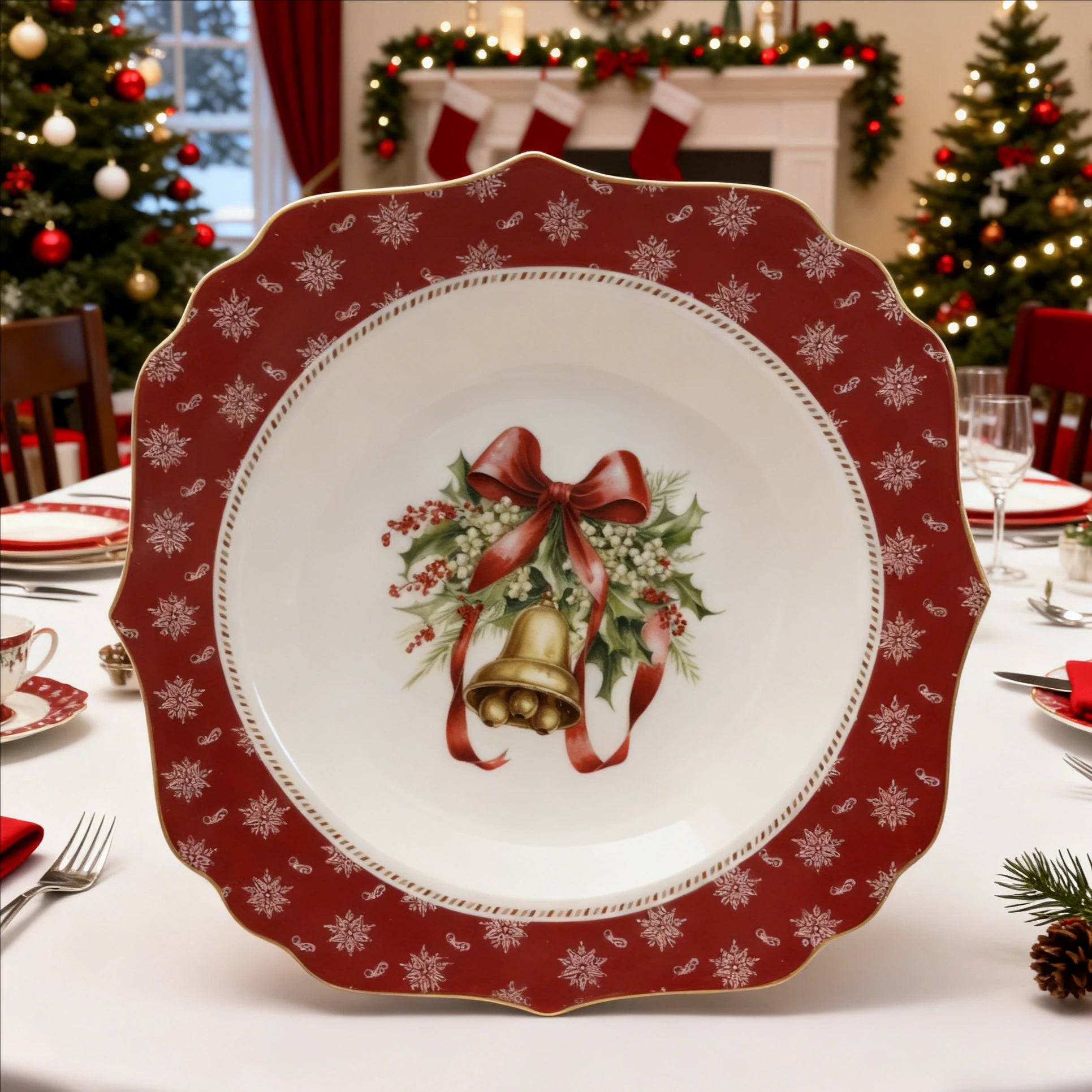 Elegant Christmas Scalloped Edge Porcelain Set with Red Snowflake Design Tea Coffee Cup & Saucer -  (Holiday Hosting Essential)