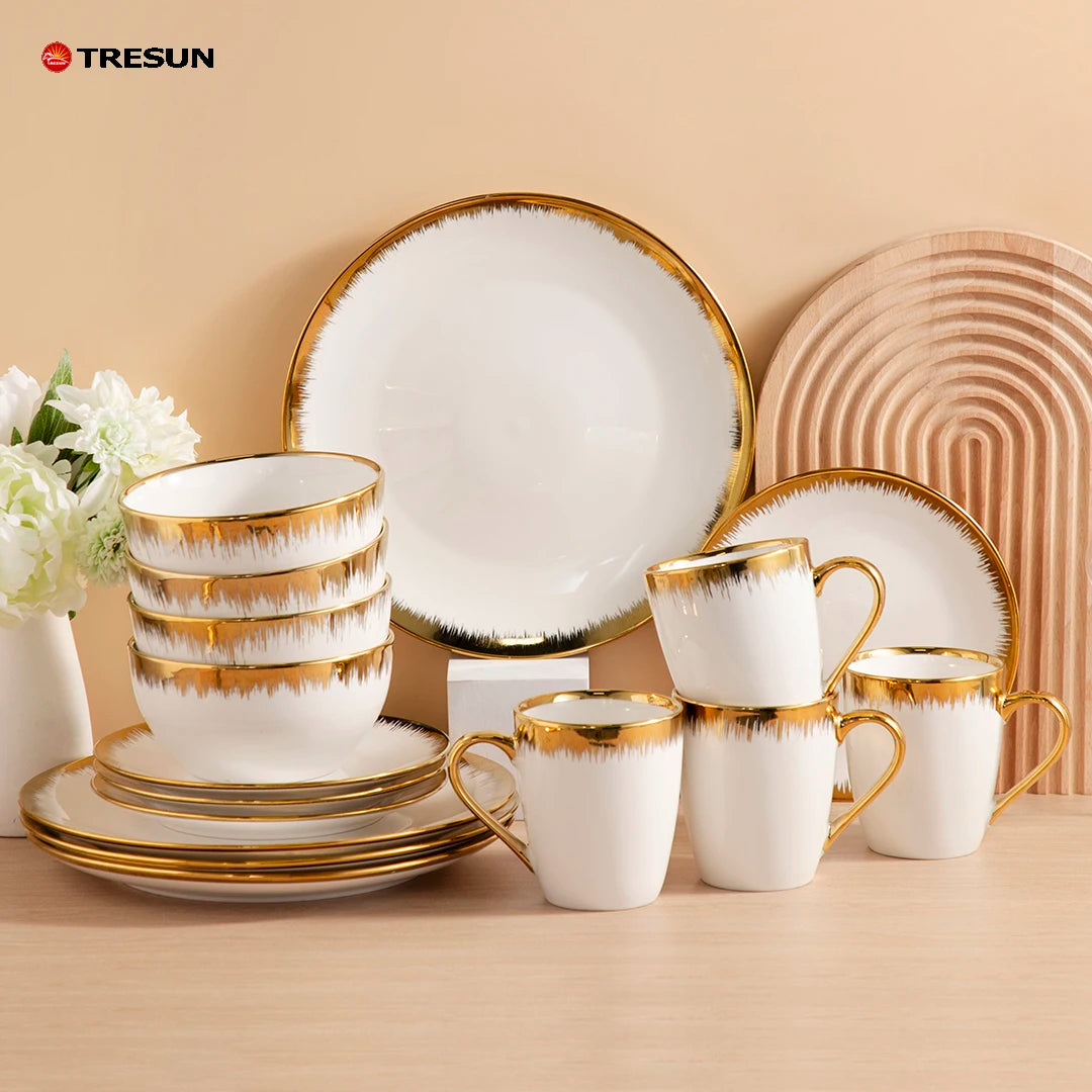 Customized Logo Pattern Gold Rim White Ceramic Dinnerware Set European Luxury Royals Dinner Plates Set