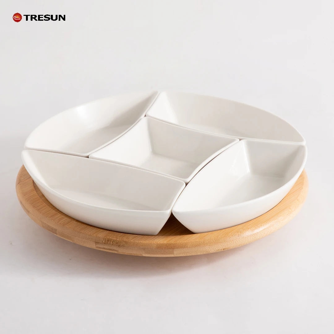 Fine Quality Restaurant Buffet Nordic Ceramic Serveware Food Tray Tapas Serving Dishes Porcelain with Bamboo Tray