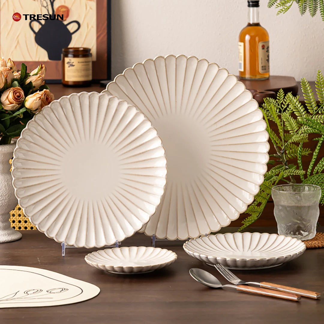 Nordic Style Ceramic Shallow Plate Shape Microwave Safe Dishwasher Safe Durable Household Western Food Steak Plate for Hotels