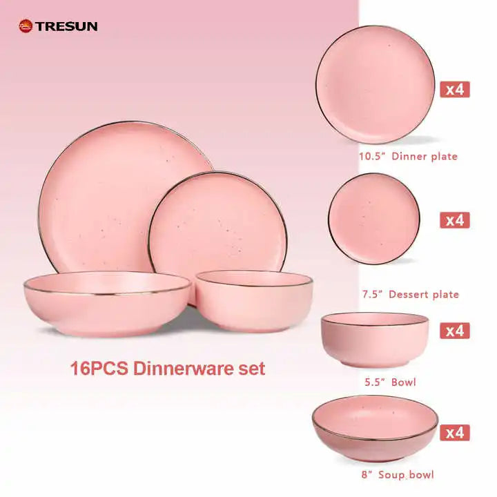 Top Grade 16pcs Ceramic Dinner Sets Solid Color Tableware Sets Royal Stoneware Dinner Sets with Gold Rim