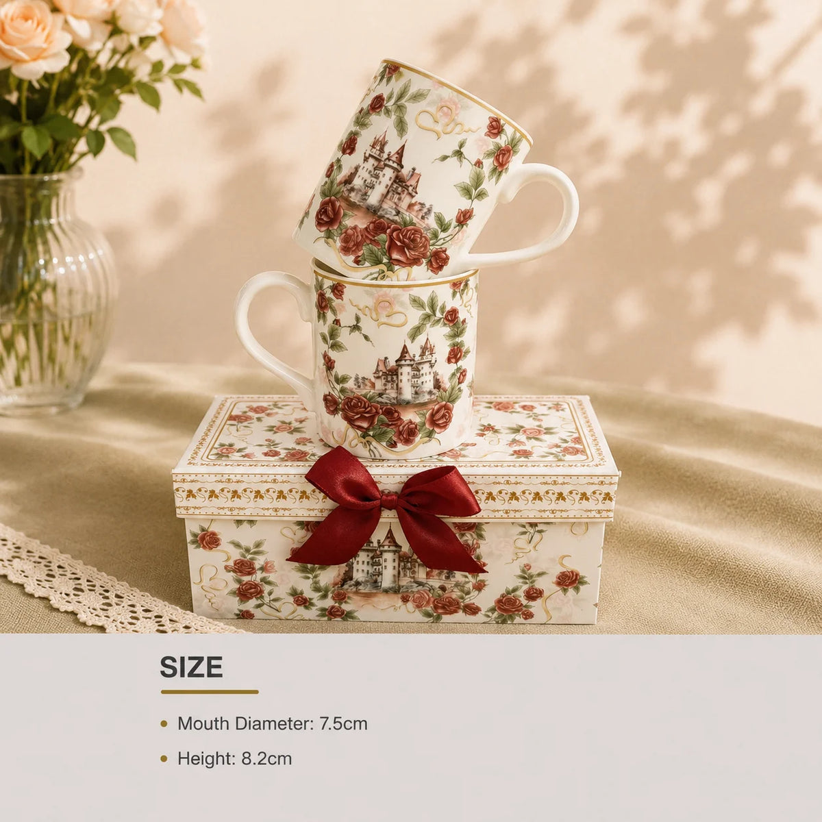 Cute Castle Rose Design Two Ceramic Coffee Mug Sets Christmas Gifts Cup with Handle for Home Use