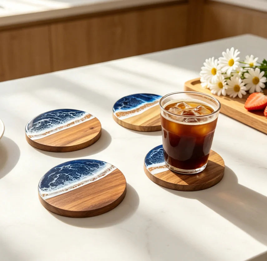 Ocean Wave Resin Acacia Wood Coasters Commercial Round Heat Resistant Cup Mats for Restaurant Hotel Wedding Banquet Wholesale