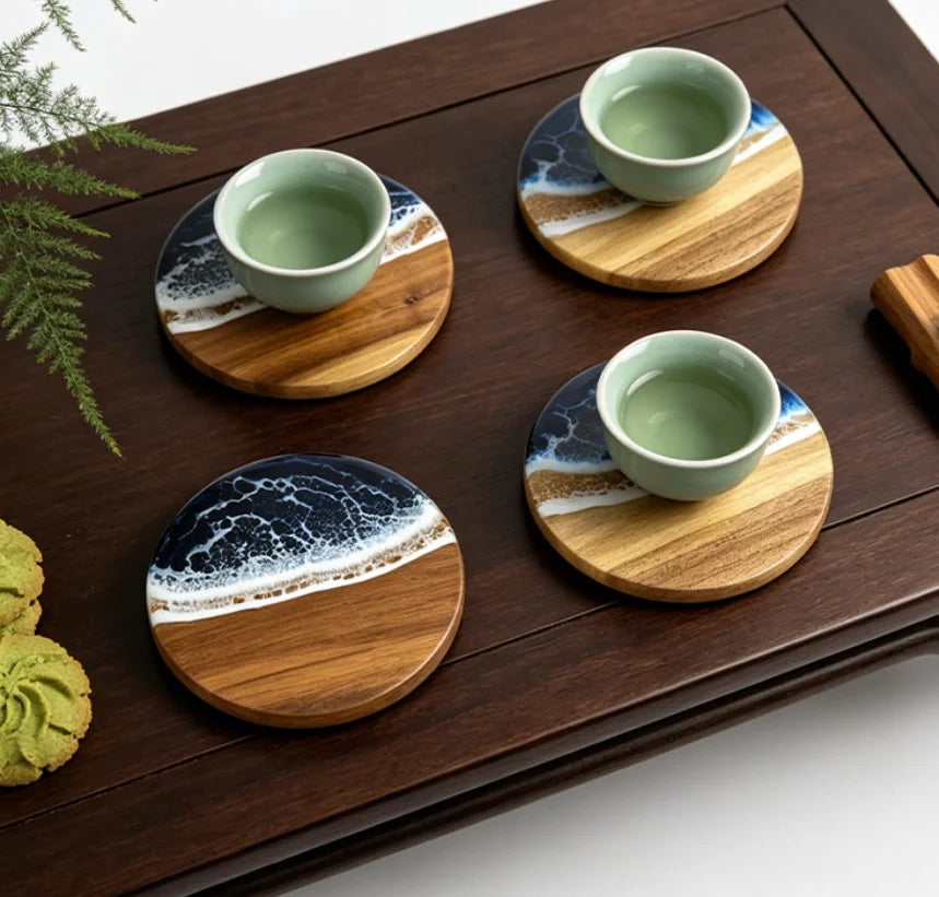 Ocean Wave Resin Acacia Wood Coasters Commercial Round Heat Resistant Cup Mats for Restaurant Hotel Wedding Banquet Wholesale