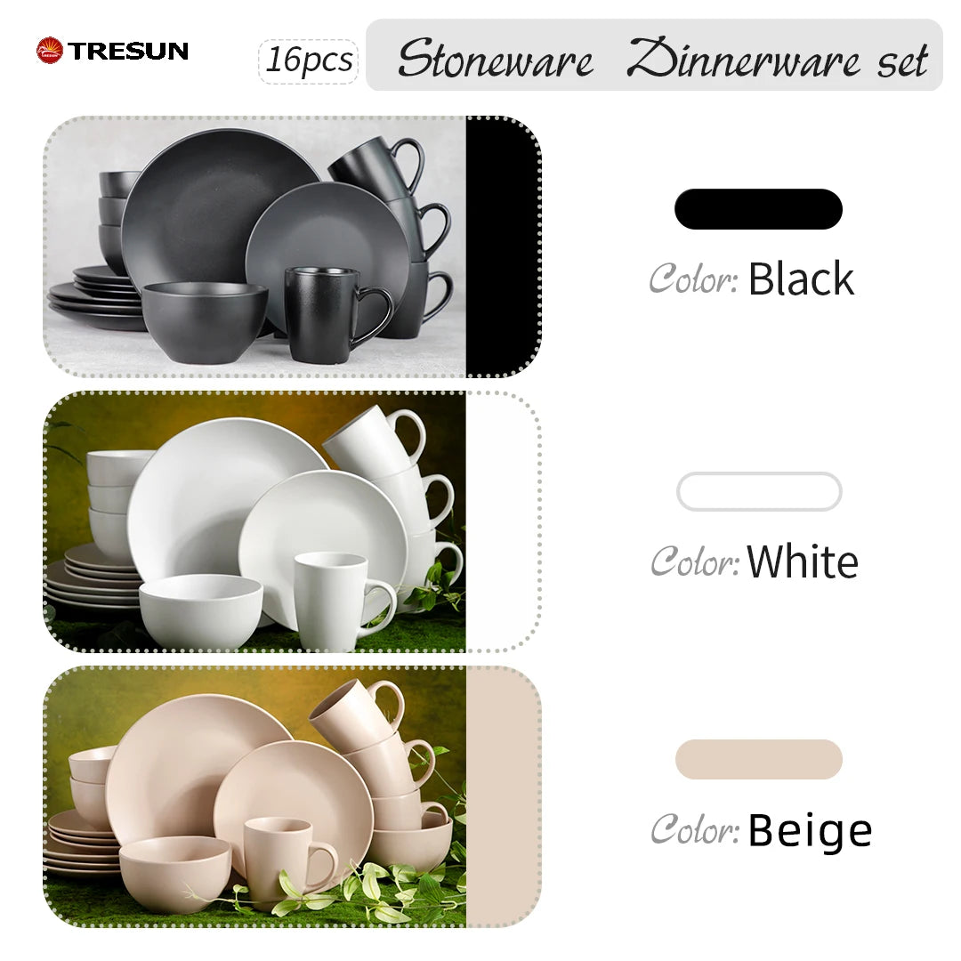 Luxury Vajillas 16 Piece Pcs Ceramic Plates and Bowls Modern Flat Microwave Safe Matte Black Stoneware Dinnerware Set of 4