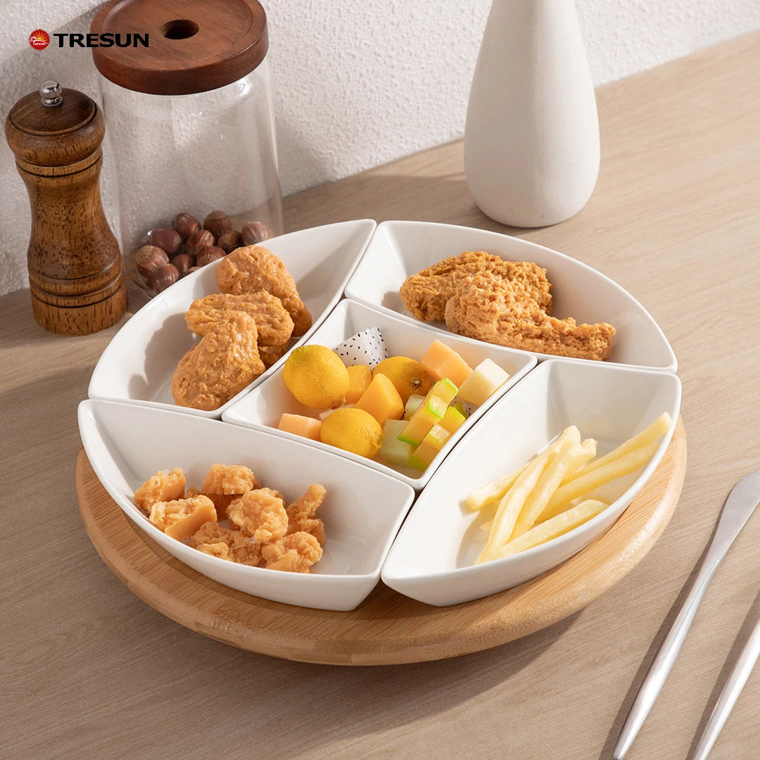 Fine Quality Restaurant Buffet Nordic Ceramic Serveware Food Tray Tapas Serving Dishes Porcelain with Bamboo Tray