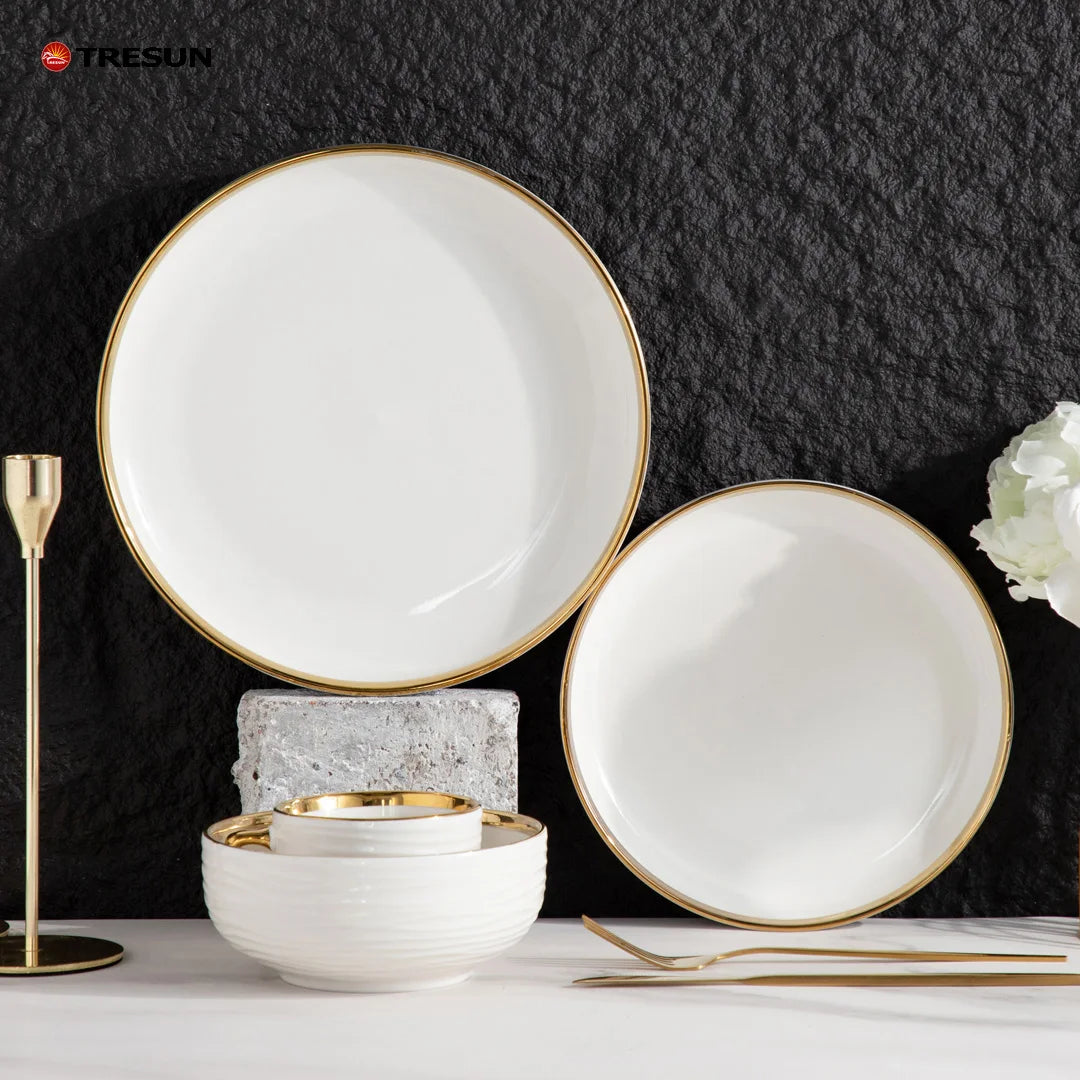 Modern Nordic Gold Trim Wavy Texture White Ceramic Dinner Set 4 Pieces Porcelain Dinner Plate Soup Bowl Coffee Mug For Wedding