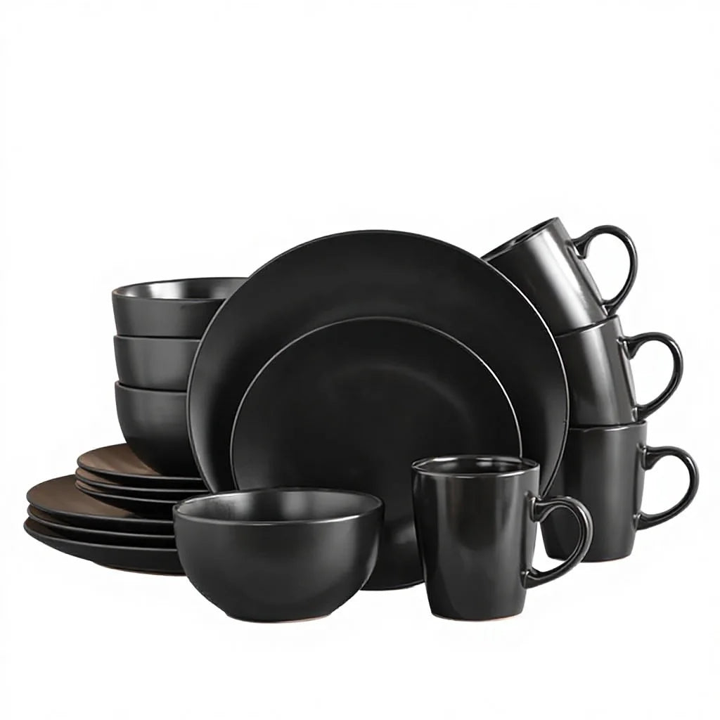 Stoneware Classic Round Dinnerware Set Black 16-Piece Kitchen Service Dishwasher Safe