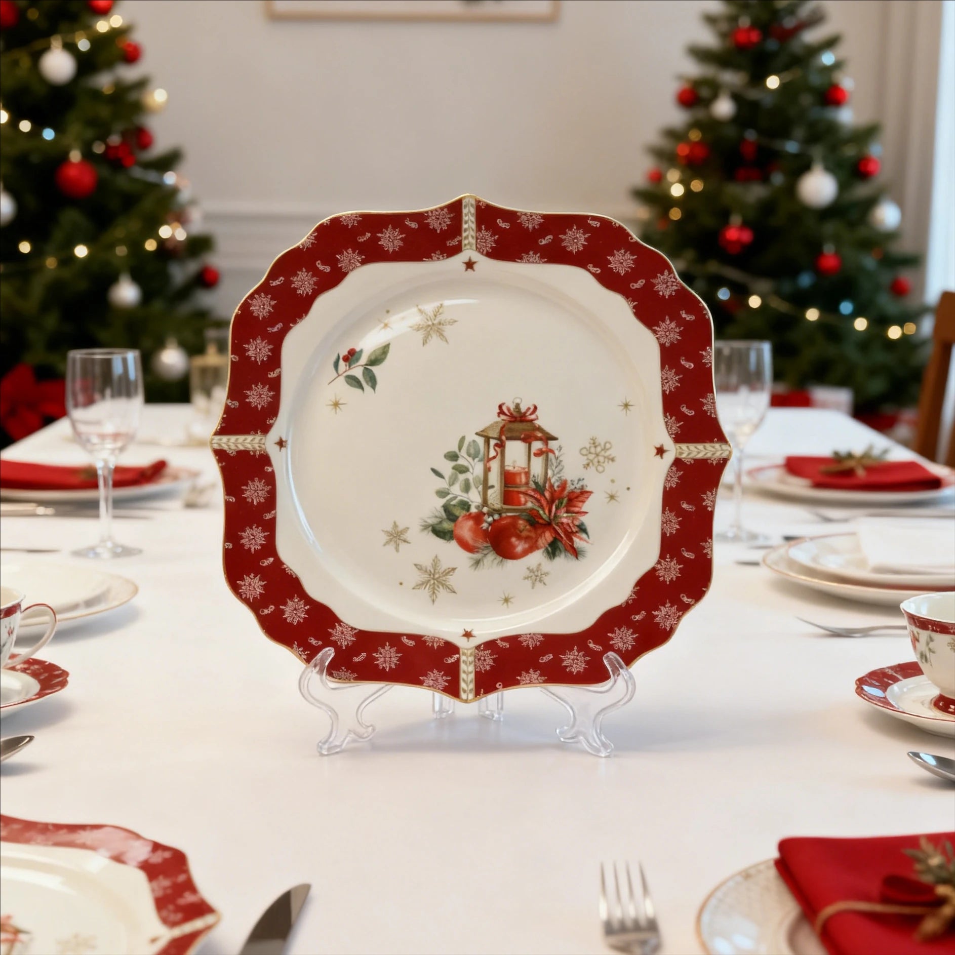 Elegant Christmas Scalloped Edge Porcelain Set with Red Snowflake Design Tea Coffee Cup & Saucer -  (Holiday Hosting Essential)