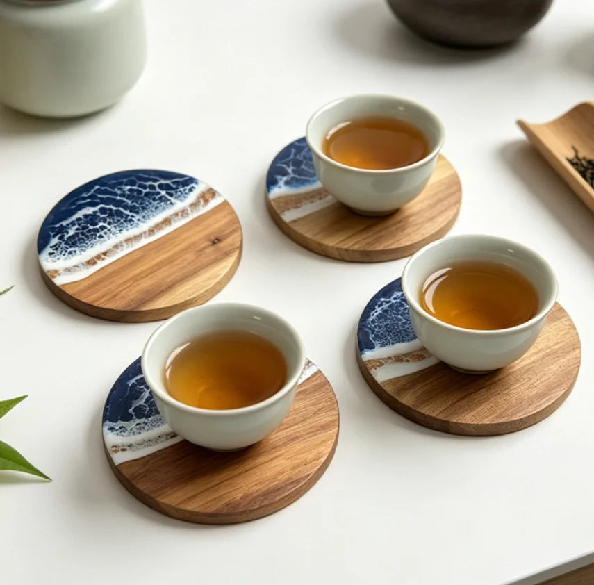 Ocean Wave Resin Acacia Wood Coasters Commercial Round Heat Resistant Cup Mats for Restaurant Hotel Wedding Banquet Wholesale