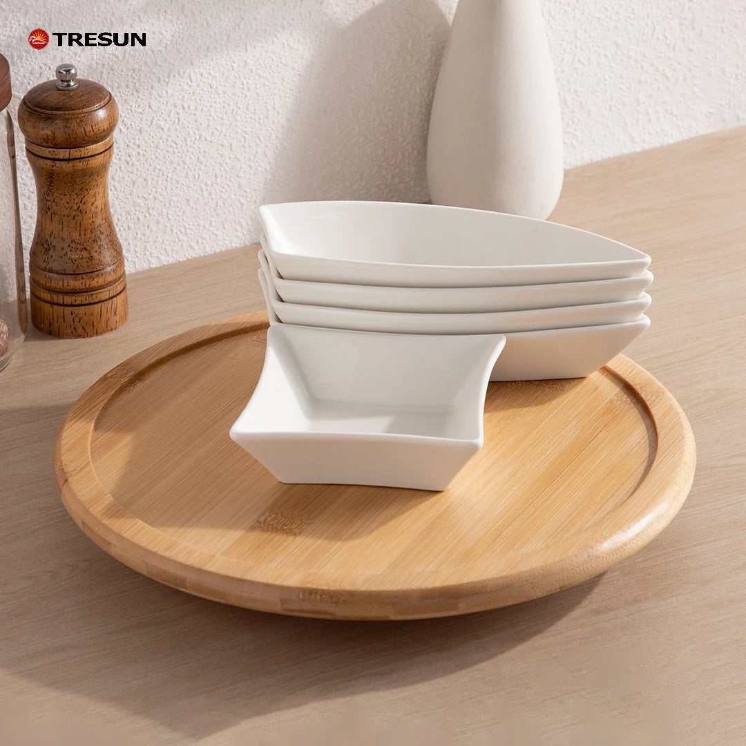 Wholesale 5 Pcs Divided Ceramic Snack Dishes Plates Set With Rotating Bamboo Serving Tray for Home Restaurant Party Wedding Use