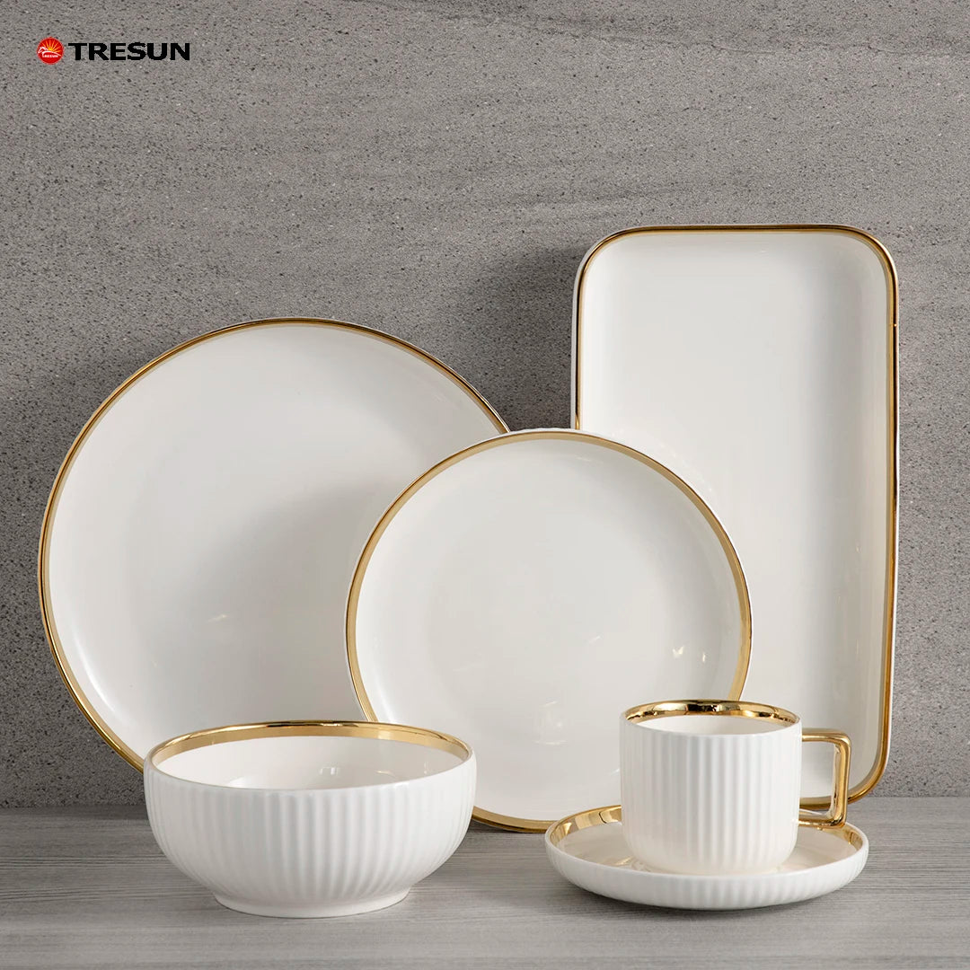 Modern Gold Inlay Design High-End Ceramic Porcelain Dinnerware Set with Dishwasher Safe Utensils Kit for Elegant Home Dinners