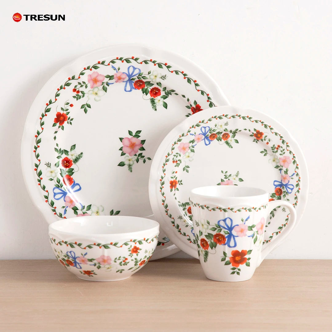 Vaisselle Vajillas De Porcelain Ceramic 16 Pieces Porcelain Decal Embossed Floral Design Luxury Wedding Tableware Dinnerware Set