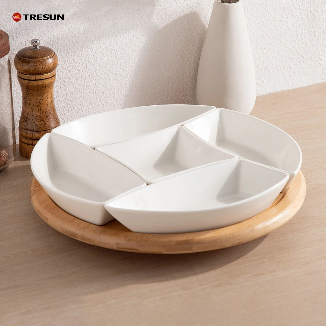 Wholesale 5 Pcs Divided Ceramic Snack Dishes Plates Set With Rotating Bamboo Serving Tray for Home Restaurant Party Wedding Use