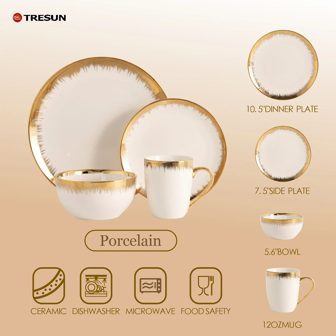 Customized Logo Pattern Gold Rim White Ceramic Dinnerware Set European Luxury Royals Dinner Plates Set