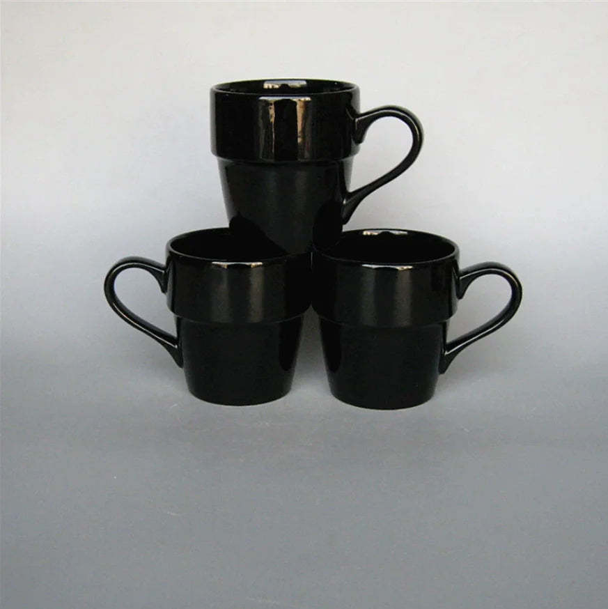 Black Glazed Stackable Ceramic Mug, Simple Tiered Coffee Milk Cup Custom Logo Print Wholesale for Supermarket Promotional Gifts