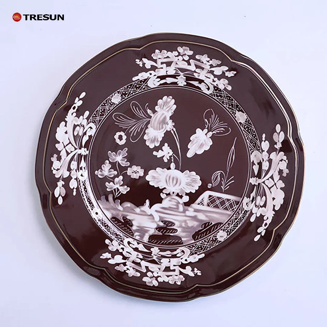 Elegant Floral Bone China Tableware Scalloped Edge Taupe Bone China Plates for Weddings & Events