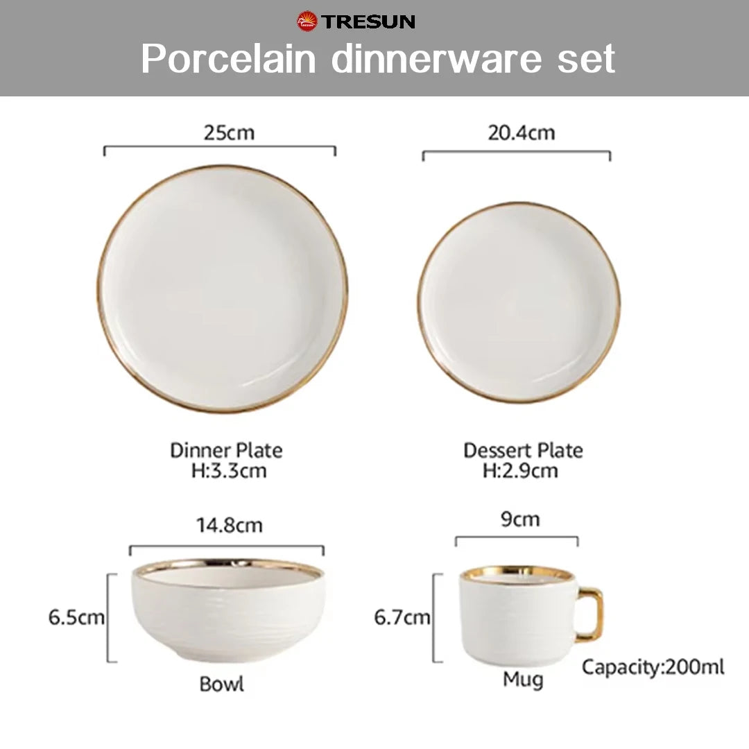 Modern Nordic Gold Trim Wavy Texture White Ceramic Dinner Set 4 Pieces Porcelain Dinner Plate Soup Bowl Coffee Mug For Wedding
