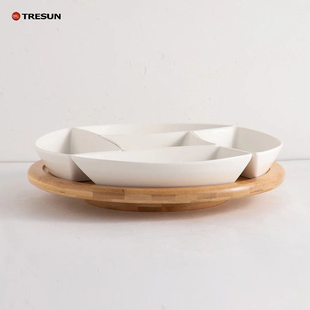 Wholesale 5 Pcs Divided Ceramic Snack Dishes Plates Set With Rotating Bamboo Serving Tray for Home Restaurant Party Wedding Use
