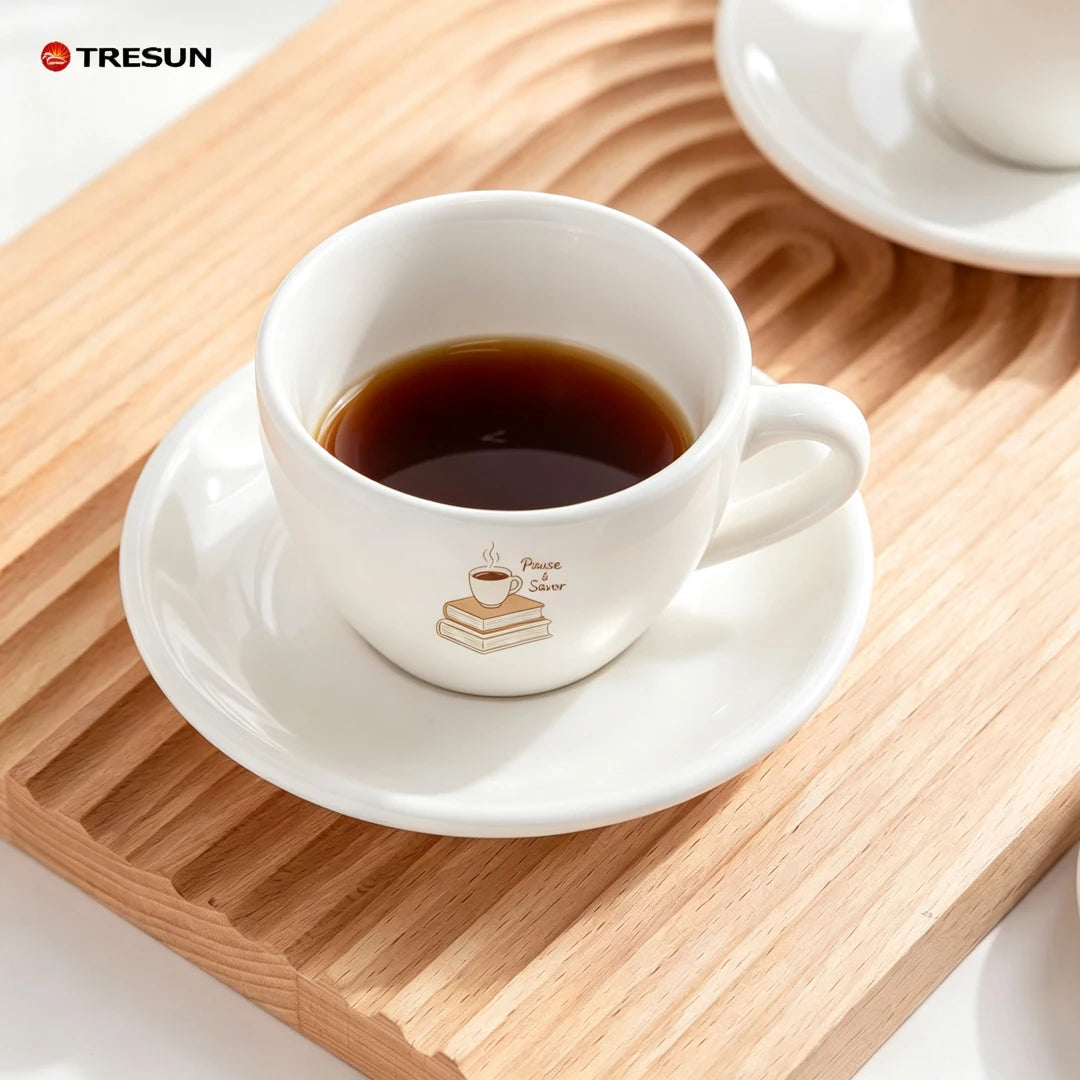 Espresso Ceramic Cup and Saucer Set Custom logo Color White for Coffee Shop for Afternoon Tea 80 ml Dishwasher Safe