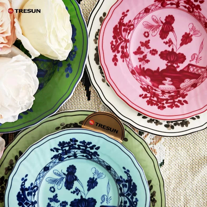 Pink Flower Wedding Dinnerware Set Wholesale Ceramic Charger Plate Collection Rental Porcelain Gold Rim Plate Dish